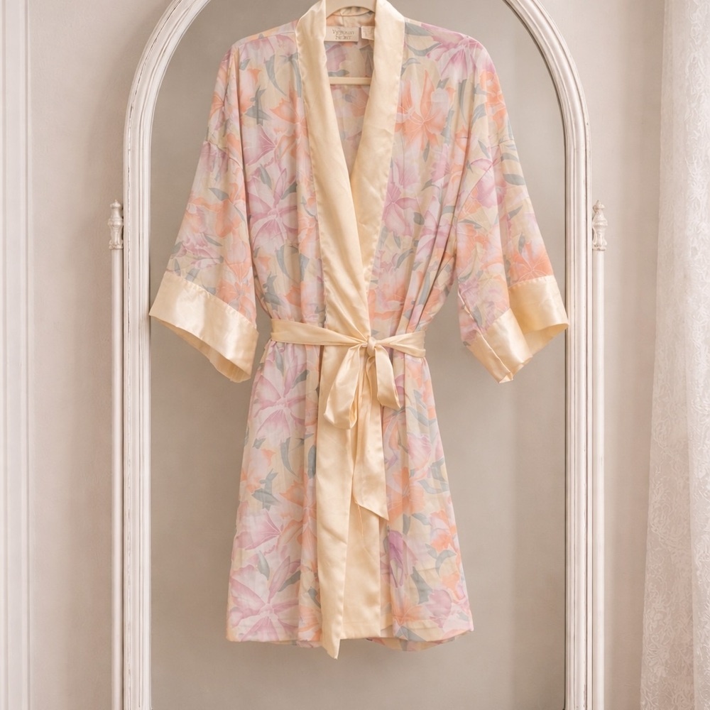 Vintage Victoria’s Secret Gold Label Floral Satin Trim Boudoir Robe